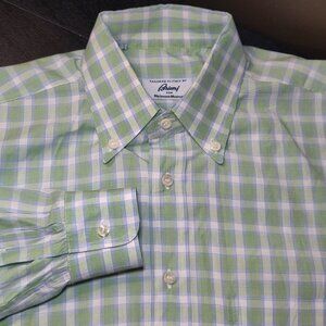 Brioni Made in Italy L/S Button Down Green/White Plaid Shirt Men's LARGE